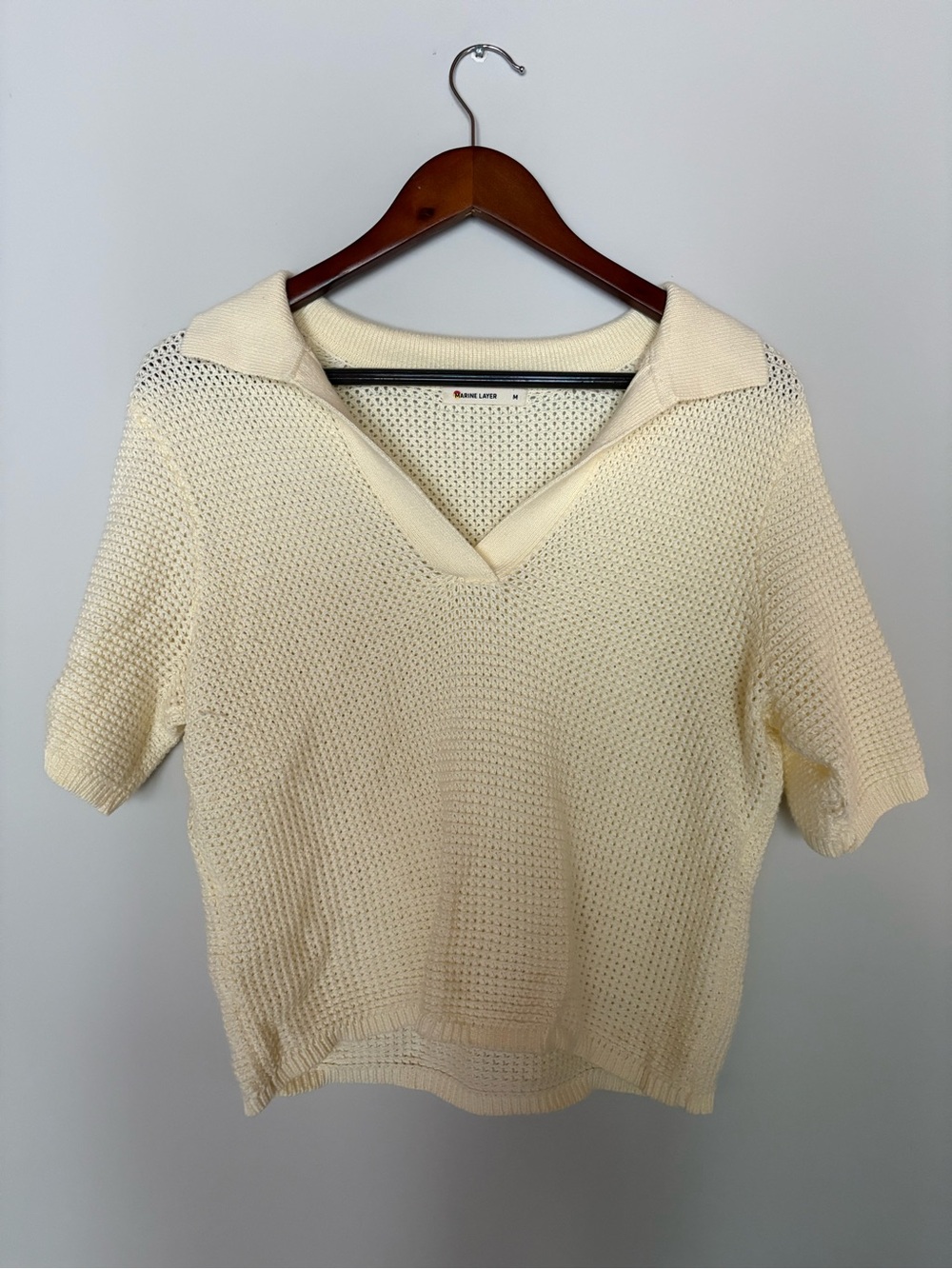 Open-Knit Collared V-Neck Top in Cream by Marine Layer